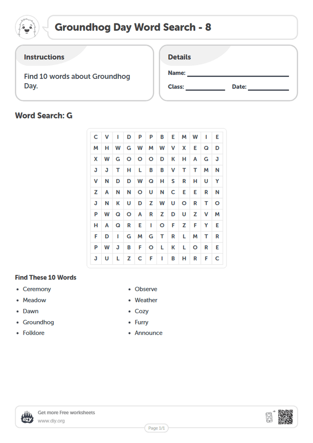 Groundhog Day Word Search page 1