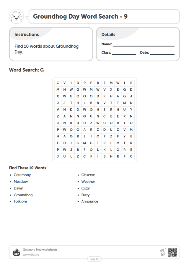 Groundhog Day Word Search page 1