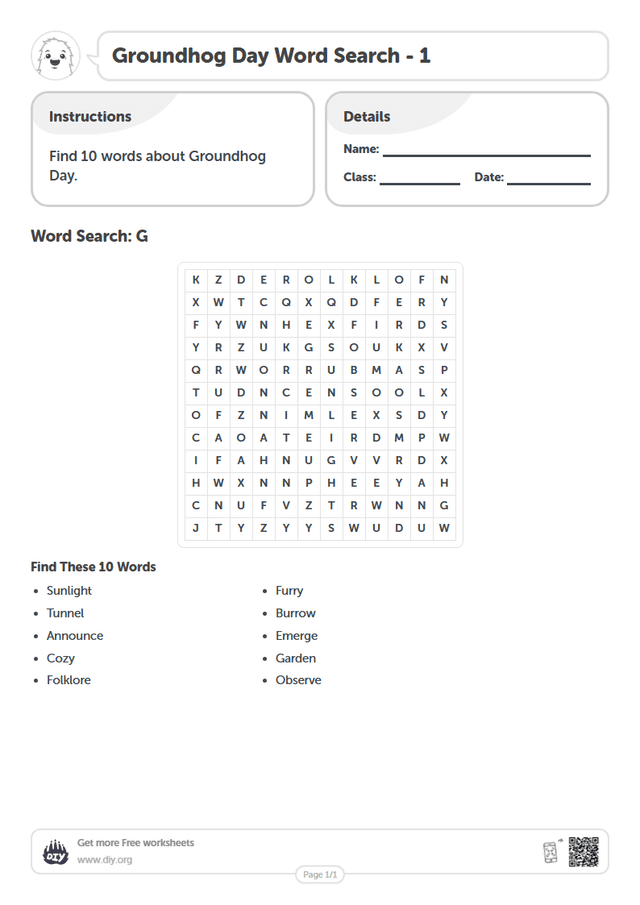 Groundhog Day Word Search page 1