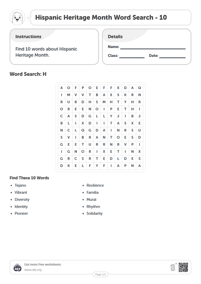 Hispanic Heritage Month Word Search page 1