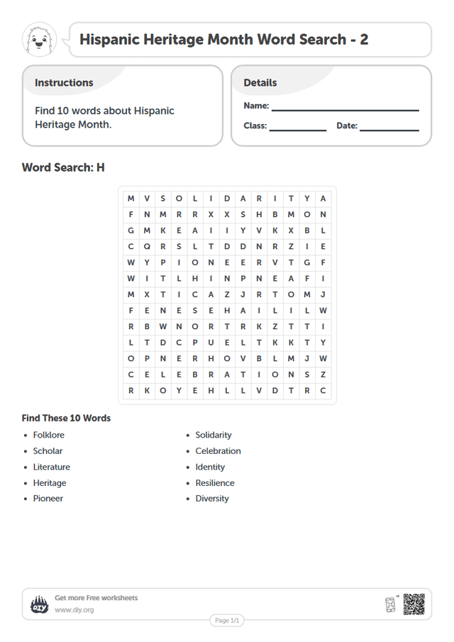 Hispanic Heritage Month Word Search page 1