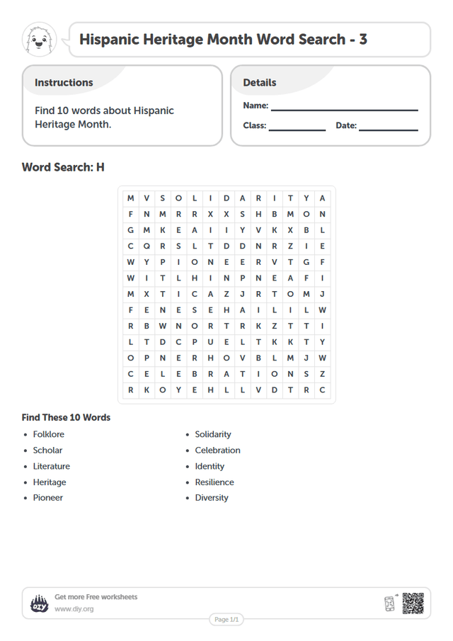 Hispanic Heritage Month Word Search page 1