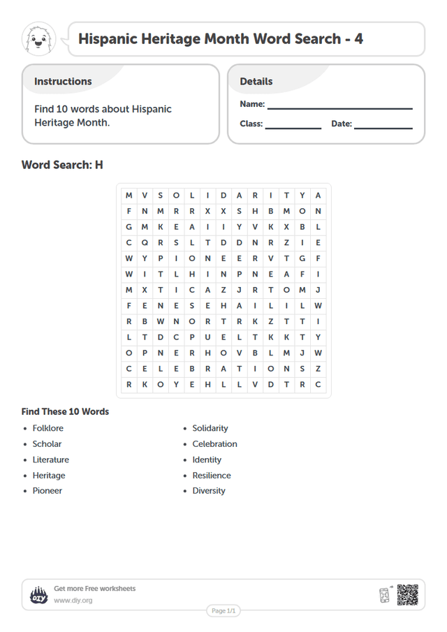 Hispanic Heritage Month Word Search page 1