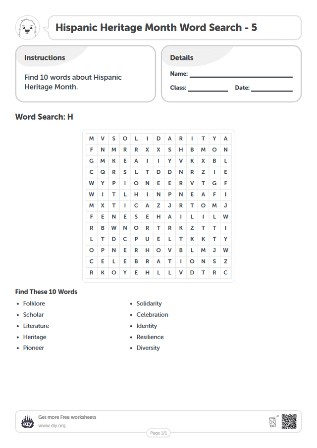 Hispanic Heritage Month Word Search page 1