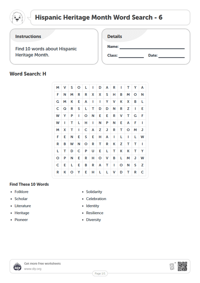 Hispanic Heritage Month Word Search page 1