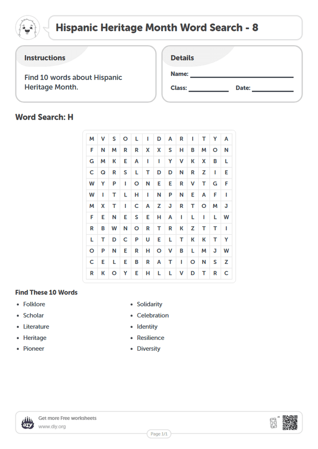 Hispanic Heritage Month Word Search page 1