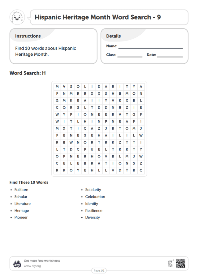 Hispanic Heritage Month Word Search page 1