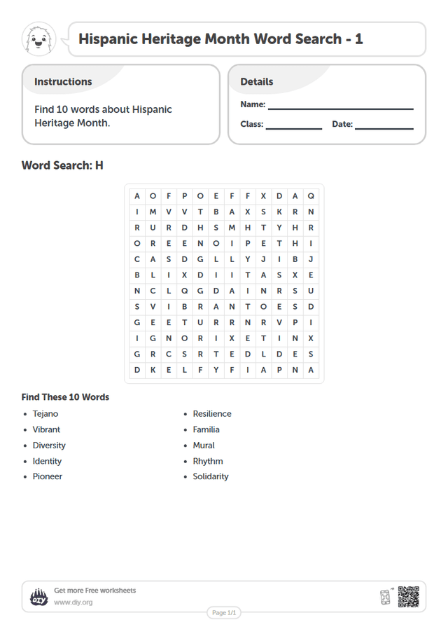 Hispanic Heritage Month Word Search page 1