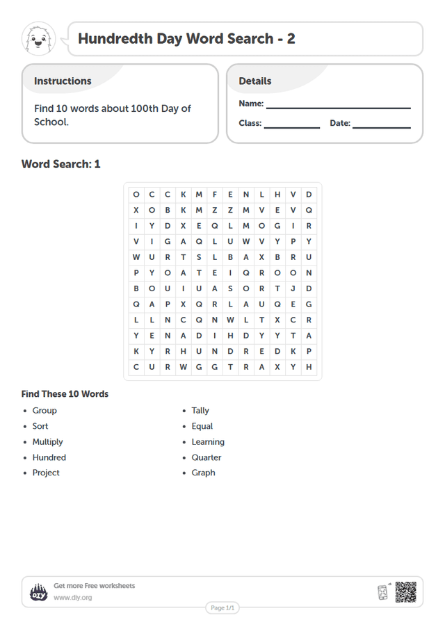 Hundredth Day Word Search page 1