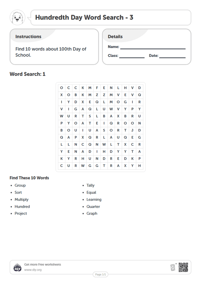 Hundredth Day Word Search page 1