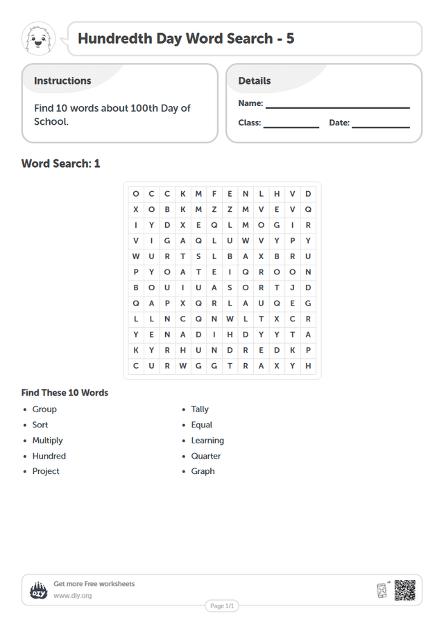 Hundredth Day Word Search page 1