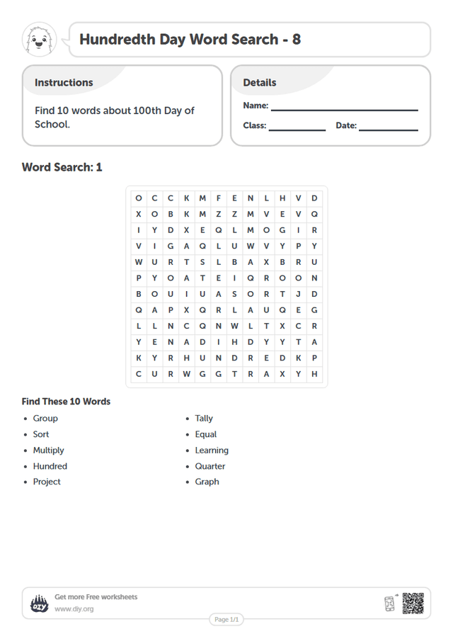 Hundredth Day Word Search page 1