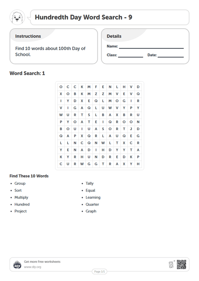 Hundredth Day Word Search page 1