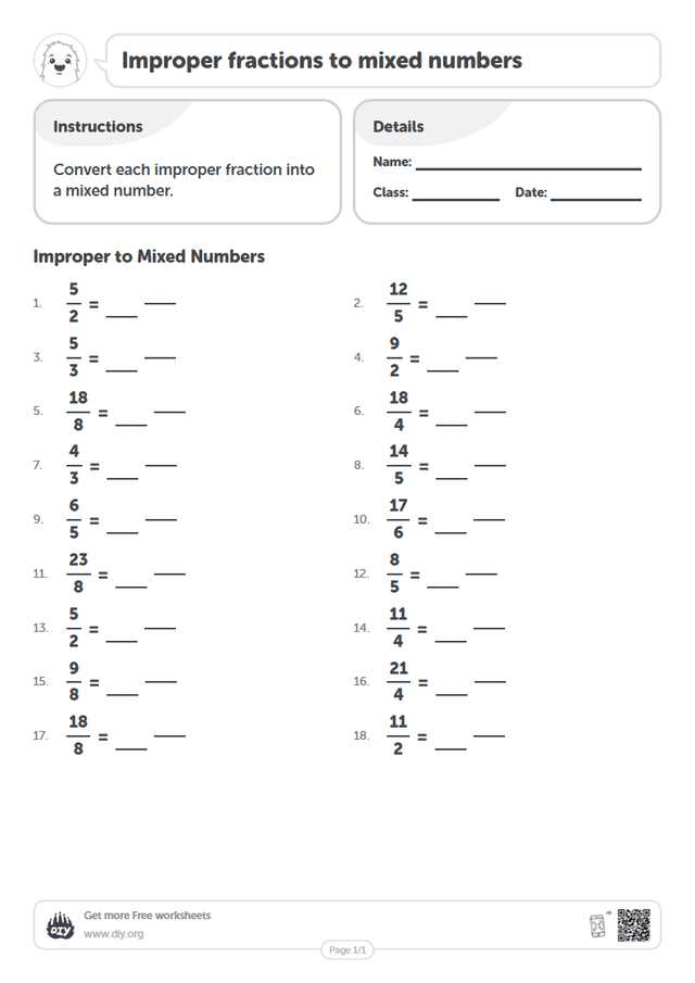 Improper fractions to mixed numbers page 1