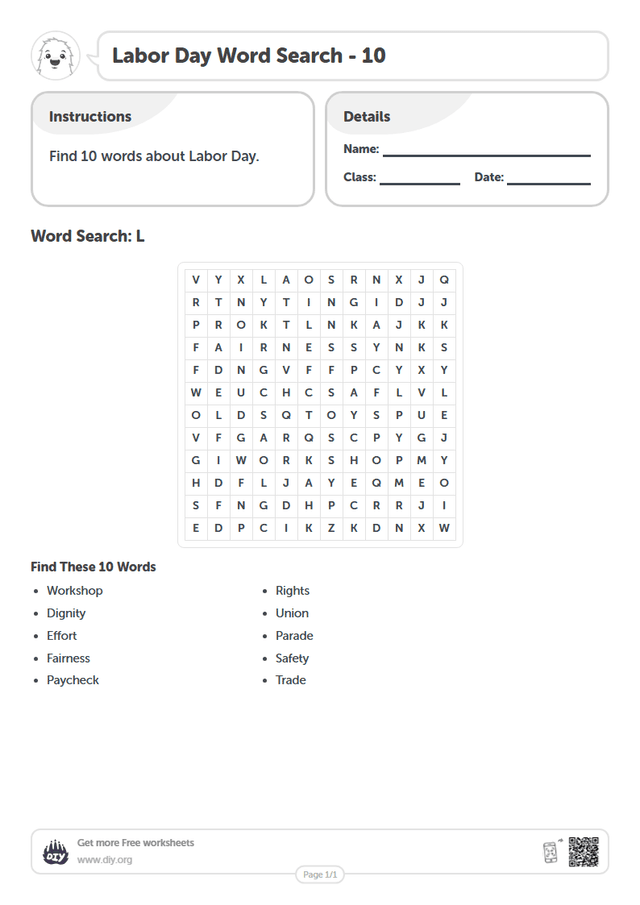 Labor Day Word Search page 1