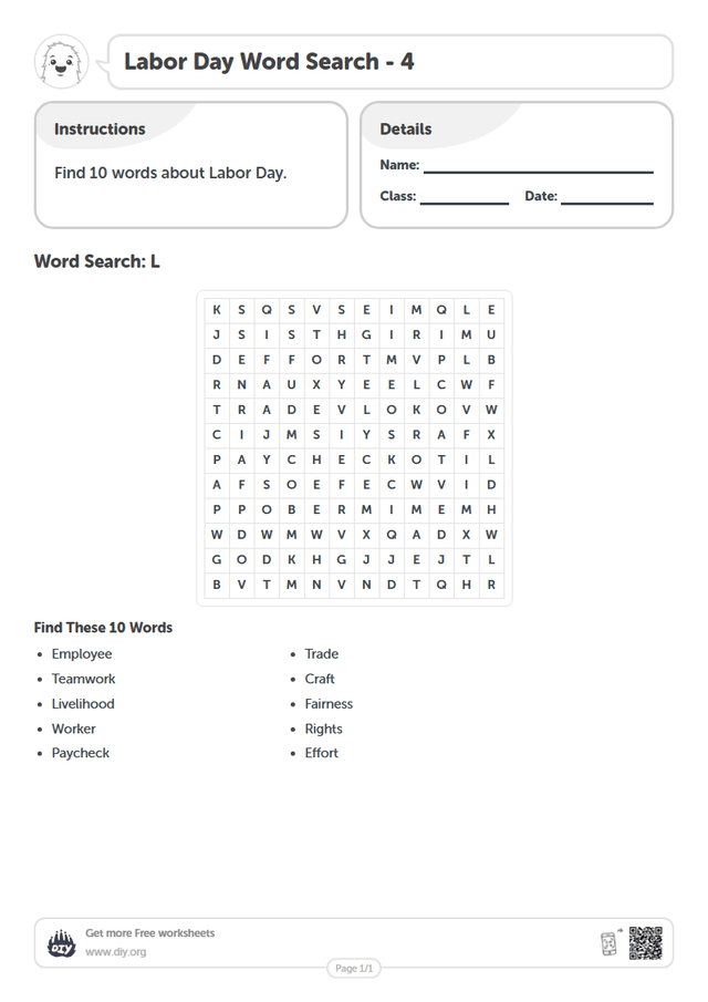 Labor Day Word Search page 1