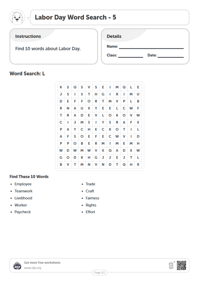 Labor Day Word Search page 1