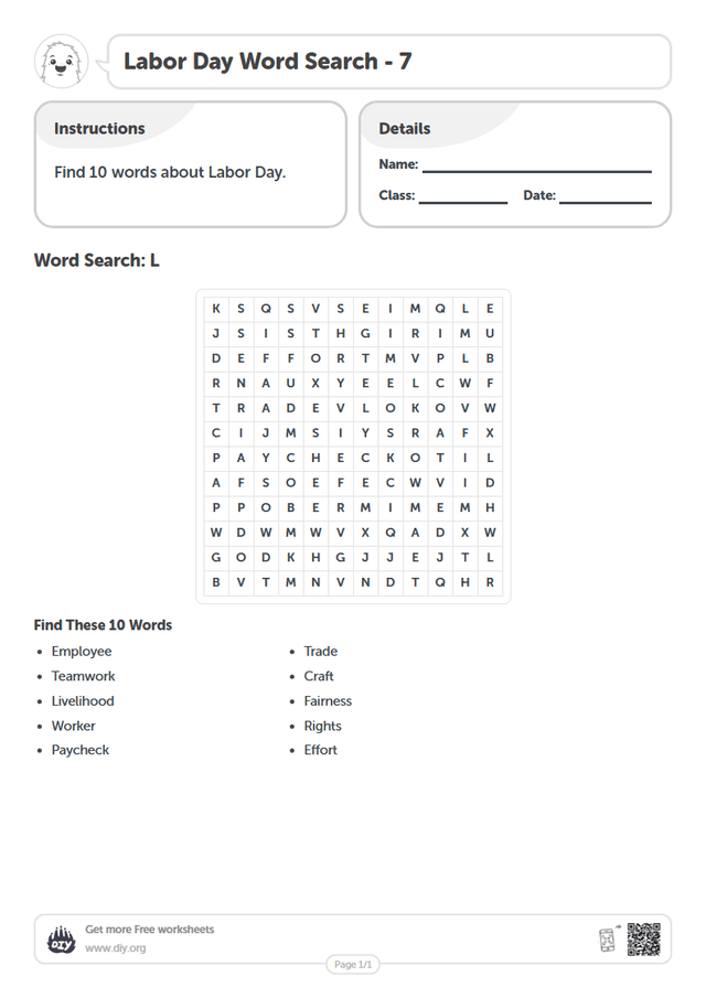 Labor Day Word Search page 1