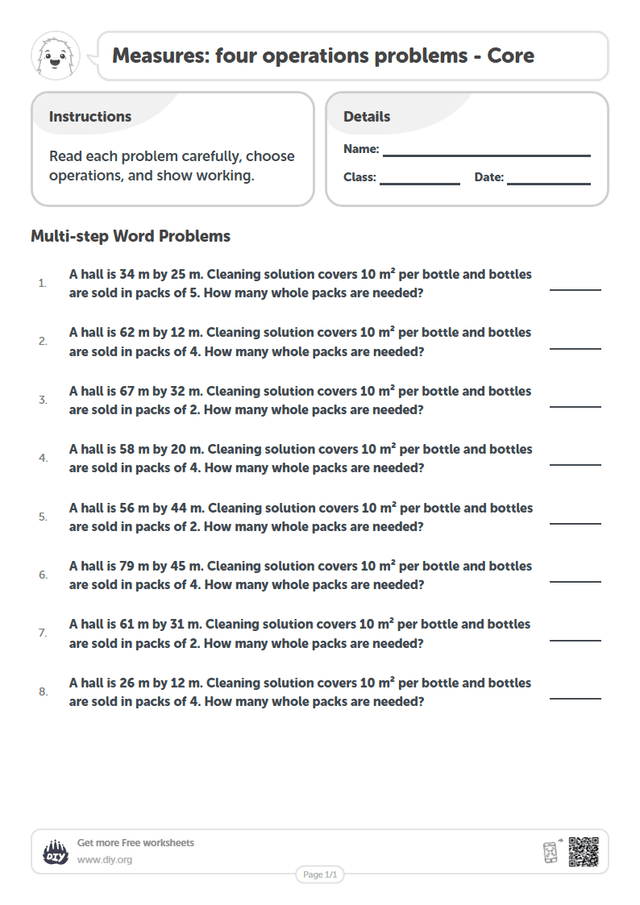 Measures: four operations problems page 1