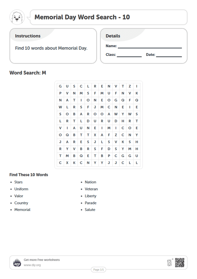 Memorial Day Word Search page 1