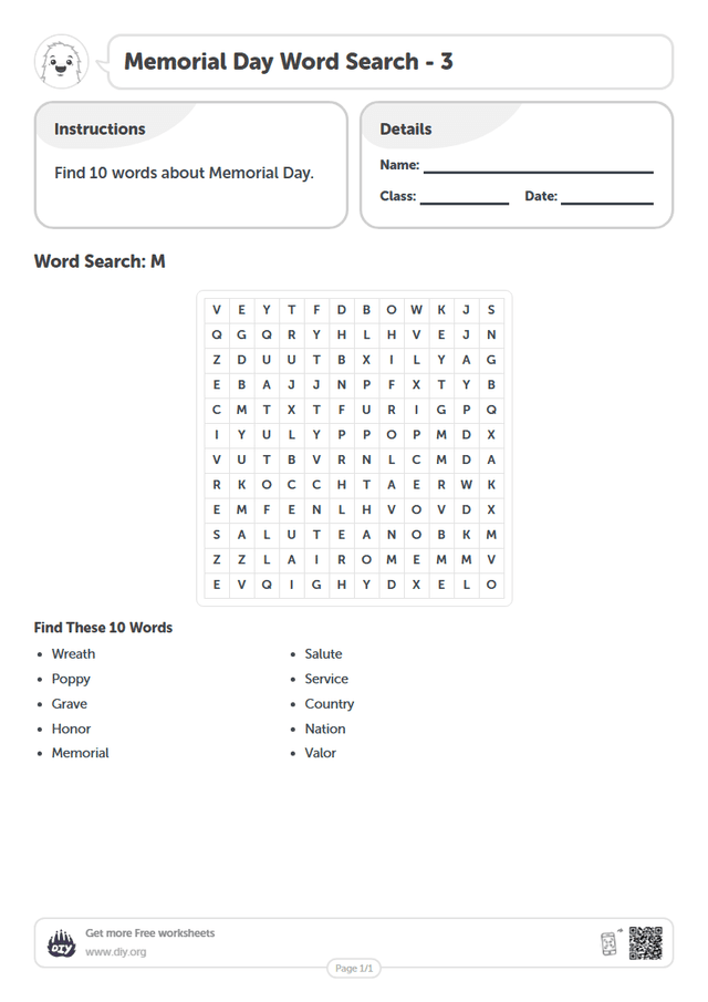 Memorial Day Word Search page 1