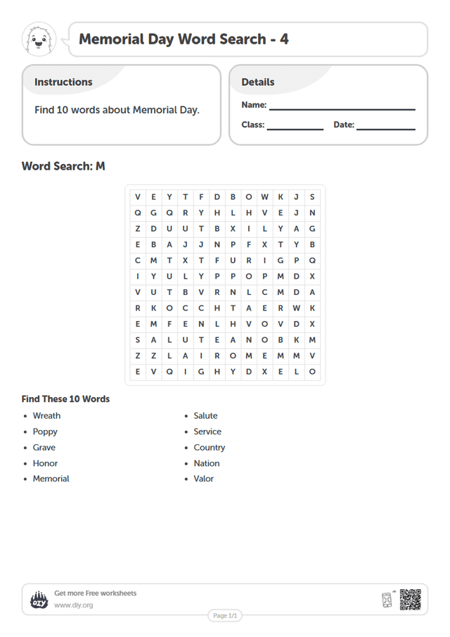 Memorial Day Word Search page 1
