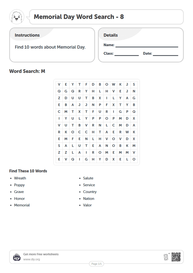 Memorial Day Word Search page 1