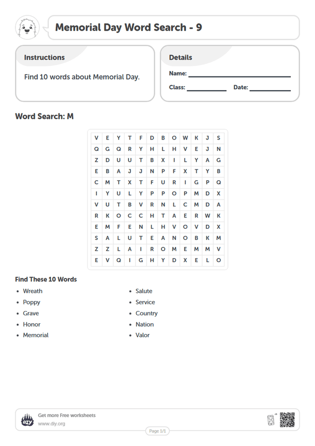 Memorial Day Word Search page 1
