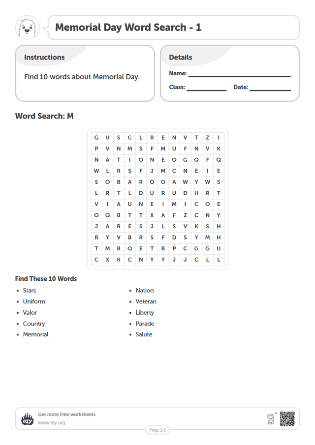 Memorial Day Word Search page 1