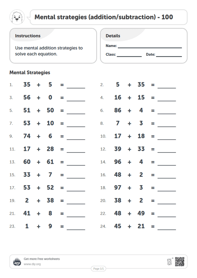 Mental strategies (addition/subtraction) - 100 page 1