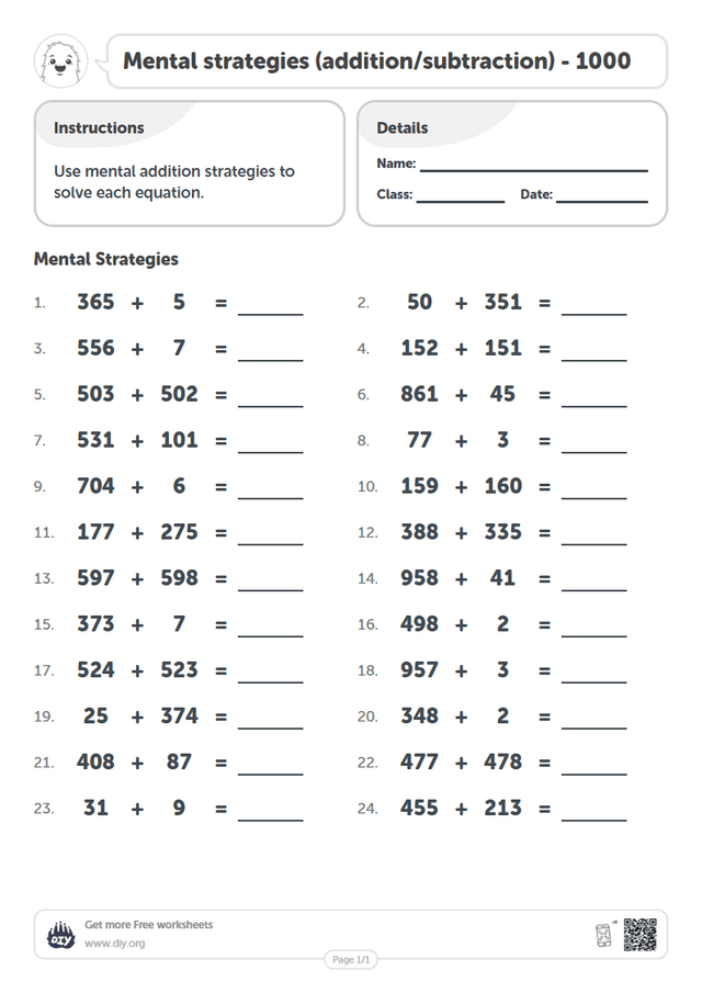 Mental strategies (addition/subtraction) - 1000 page 1