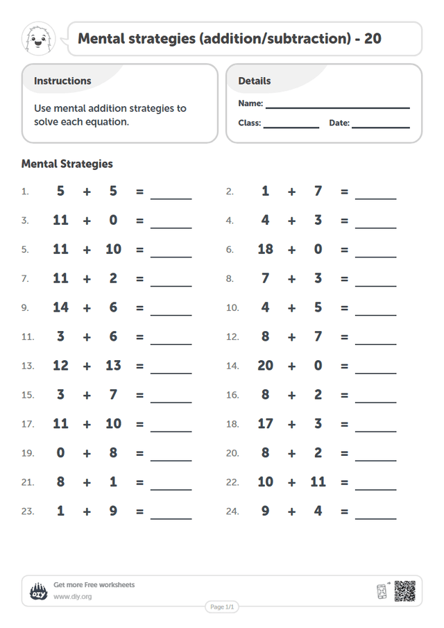 Mental strategies (addition/subtraction) - 20 page 1