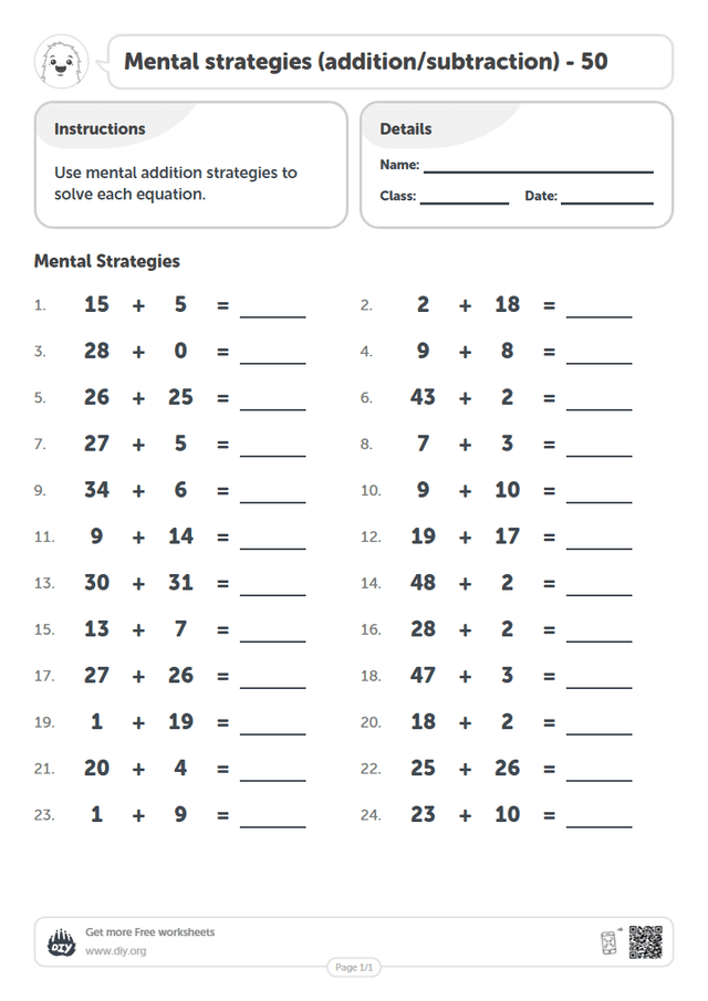 Mental strategies (addition/subtraction) - 50 page 1