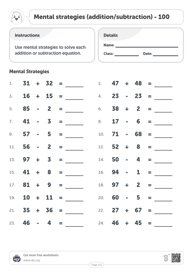 Mental strategies (addition/subtraction) - 100 page 1