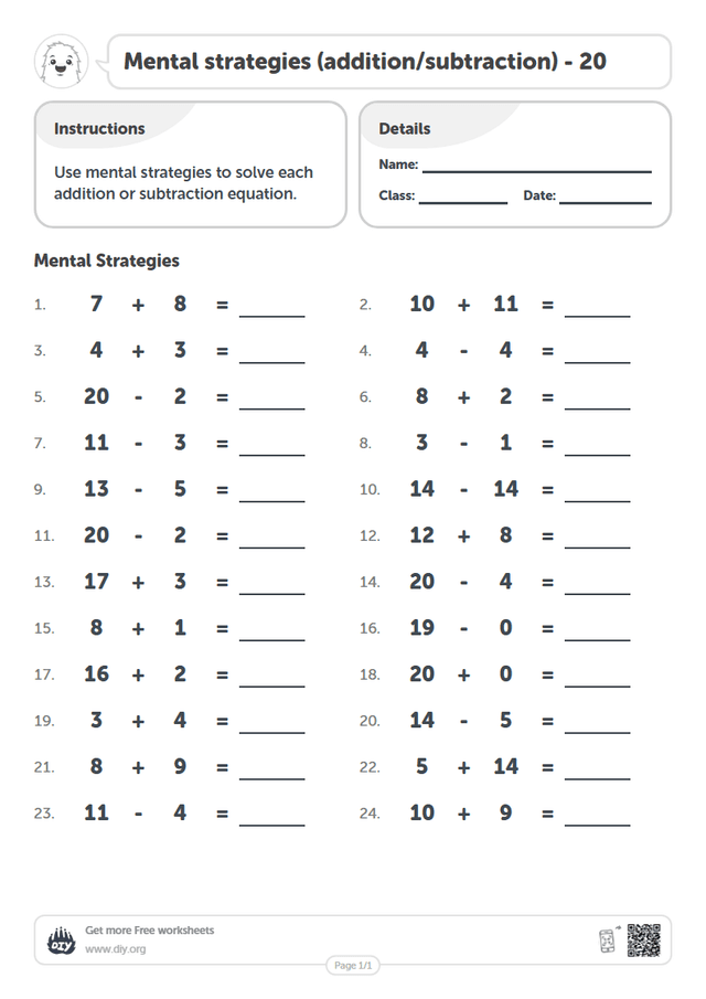 Mental strategies (addition/subtraction) - 20 page 1