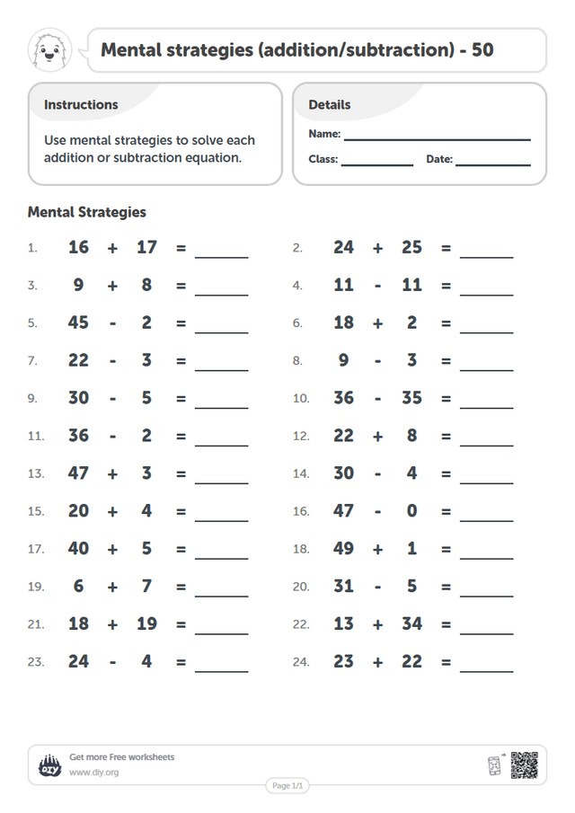 Mental strategies (addition/subtraction) - 50 page 1