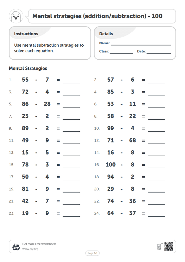 Mental strategies (addition/subtraction) - 100 page 1