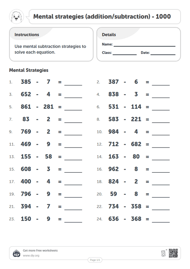 Mental strategies (addition/subtraction) - 1000 page 1