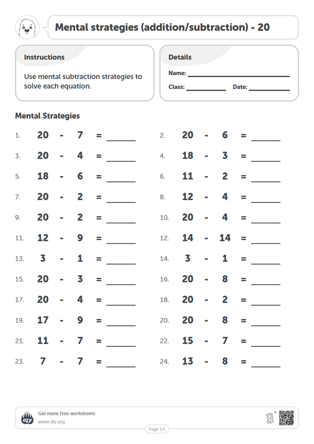 Mental strategies (addition/subtraction) - 20 page 1