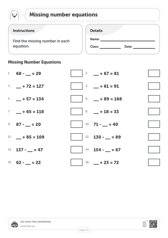 Missing number equations page 1