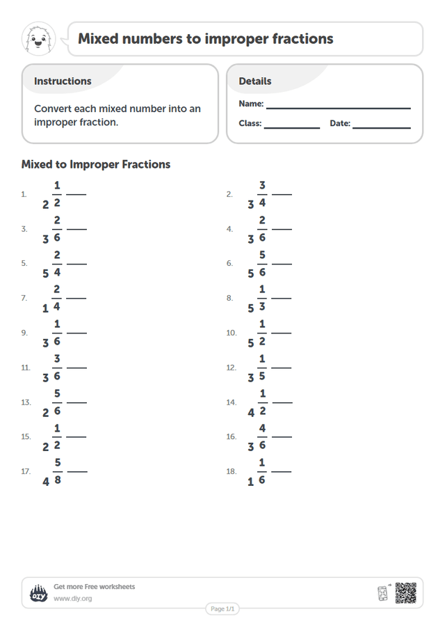 Mixed numbers to improper fractions page 1