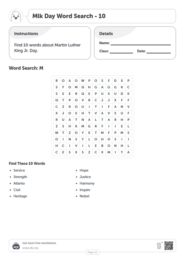 Mlk Day Word Search page 1