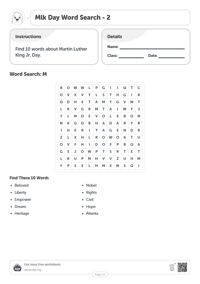 Mlk Day Word Search page 1