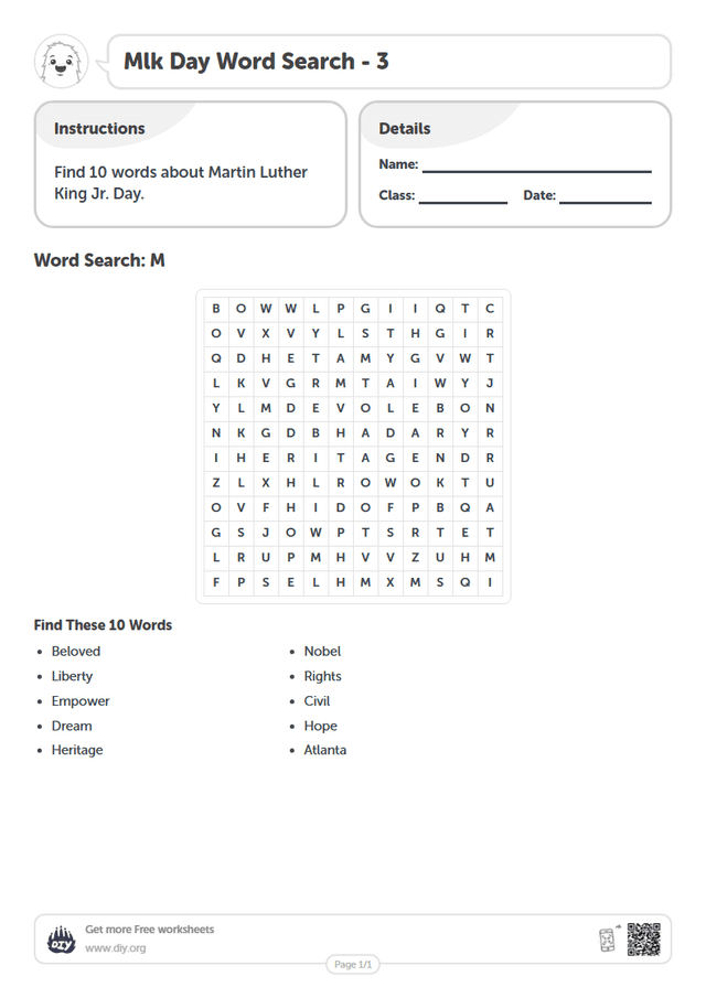 Mlk Day Word Search page 1