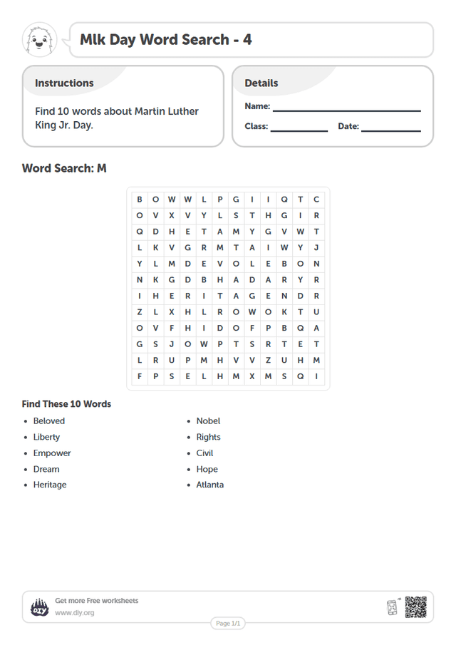 Mlk Day Word Search page 1