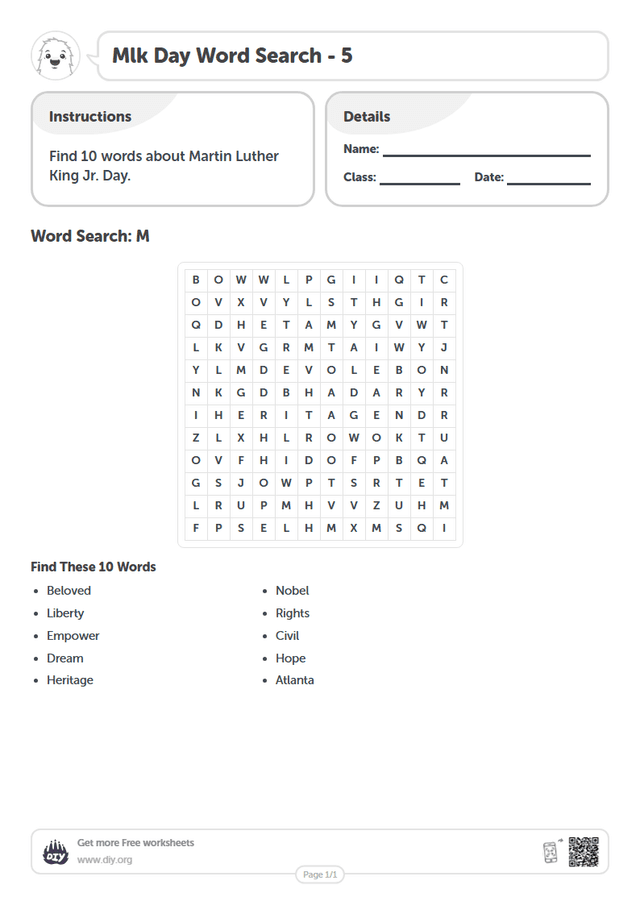 Mlk Day Word Search page 1