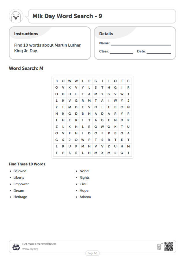 Mlk Day Word Search page 1