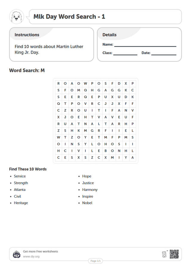 Mlk Day Word Search page 1