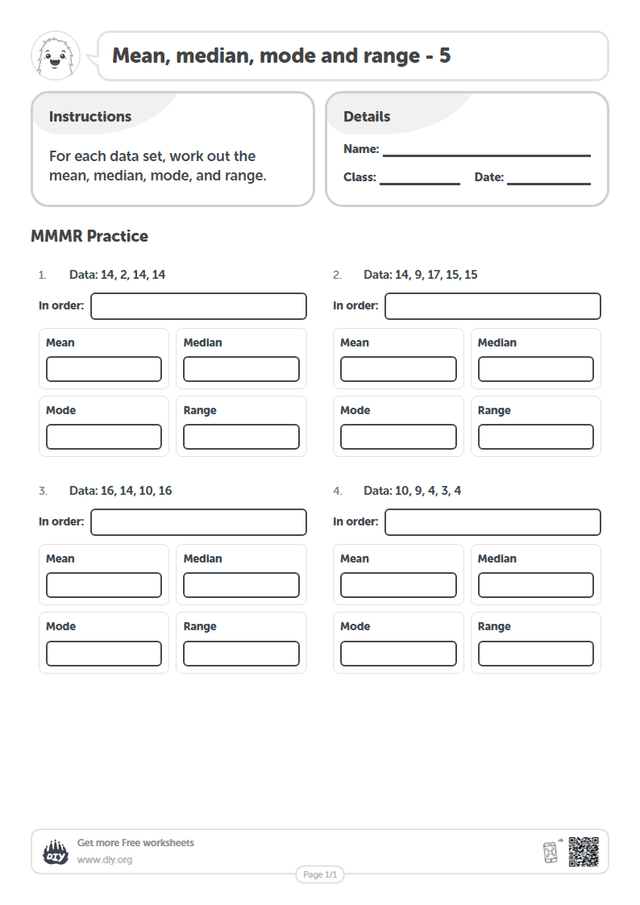 Mean, median, mode and range - 5 page 1