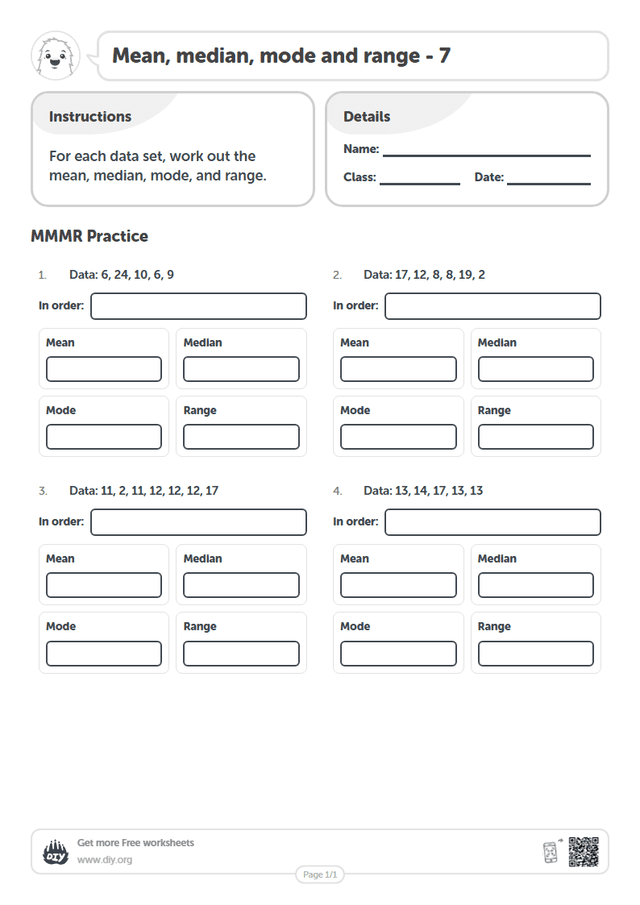 Mean, median, mode and range - 7 page 1